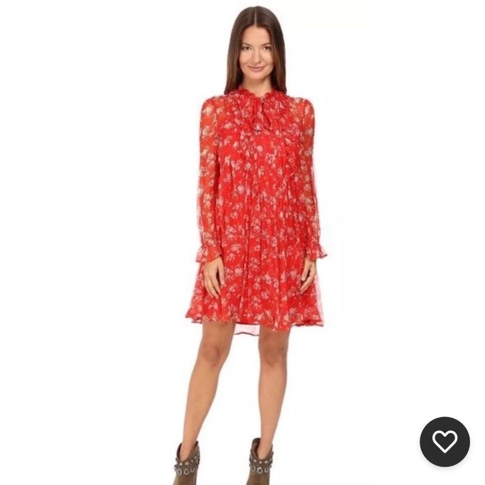 The Kooples Dotted Flower Silk Crepon Red Floral Dress